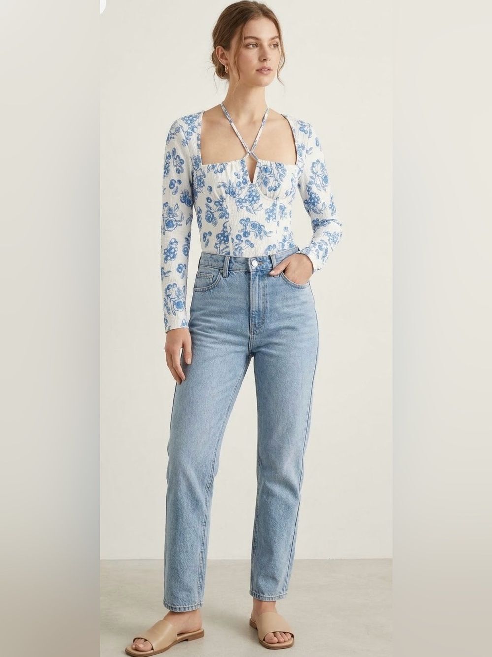 Floral Blue Halter V-wire Bodysuit size L